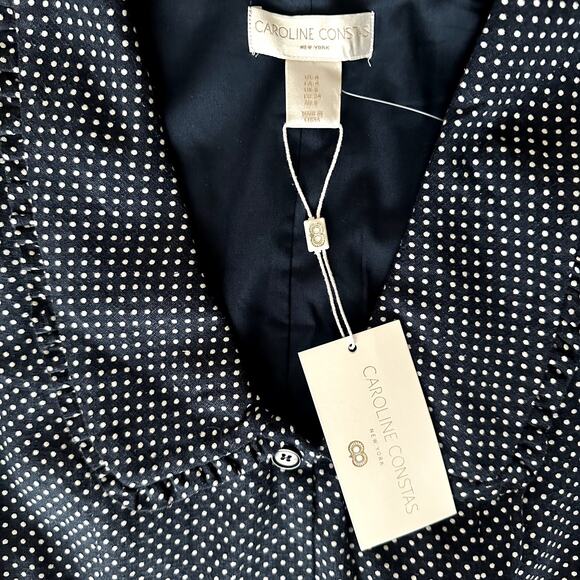 NWT Caroline Constas Gabriella  Preppy Linen Blue, White Polka Dot Dress, Size 4 - Picture 2 of 11